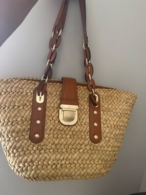 Michael Kors Woven Straw Tote with Brown Leather Straps & Gold Hardware